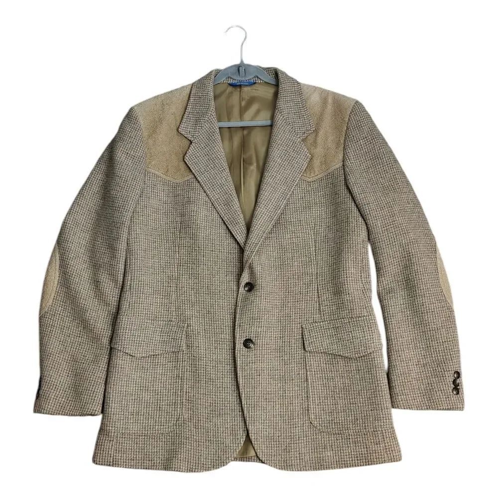 Pendleton Beige Houndstooth Blazer With Leather Accents Elbows Size 44L